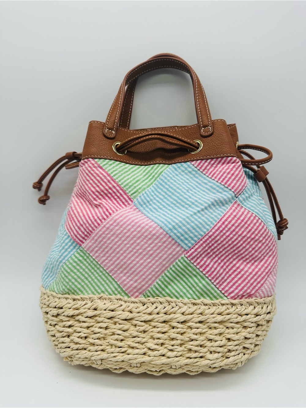 Talbots Multicolor Patchwork Stripe Straw Tote with Brown Trim